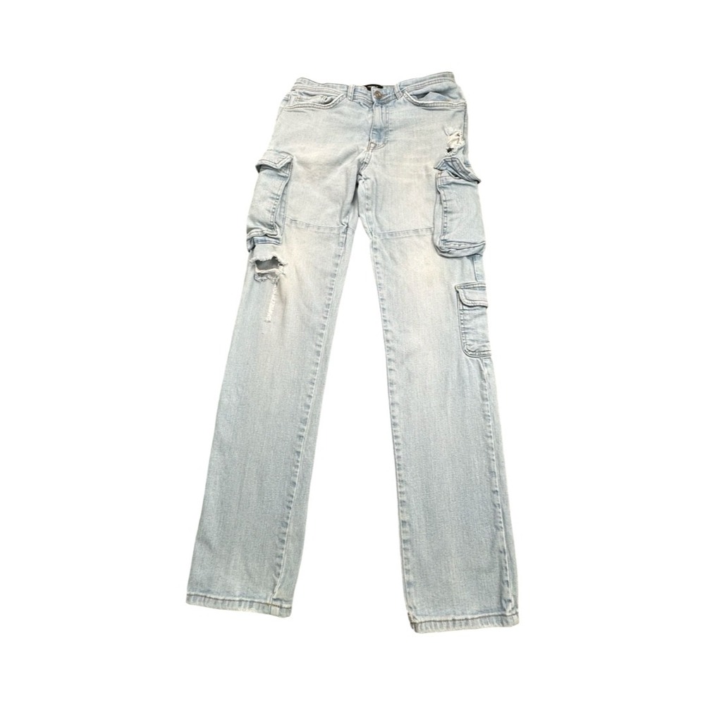 Forever 21 Cargo Jeans Mens 31 Light Blue Slim Fit Distressed Multi-Pocket Denim